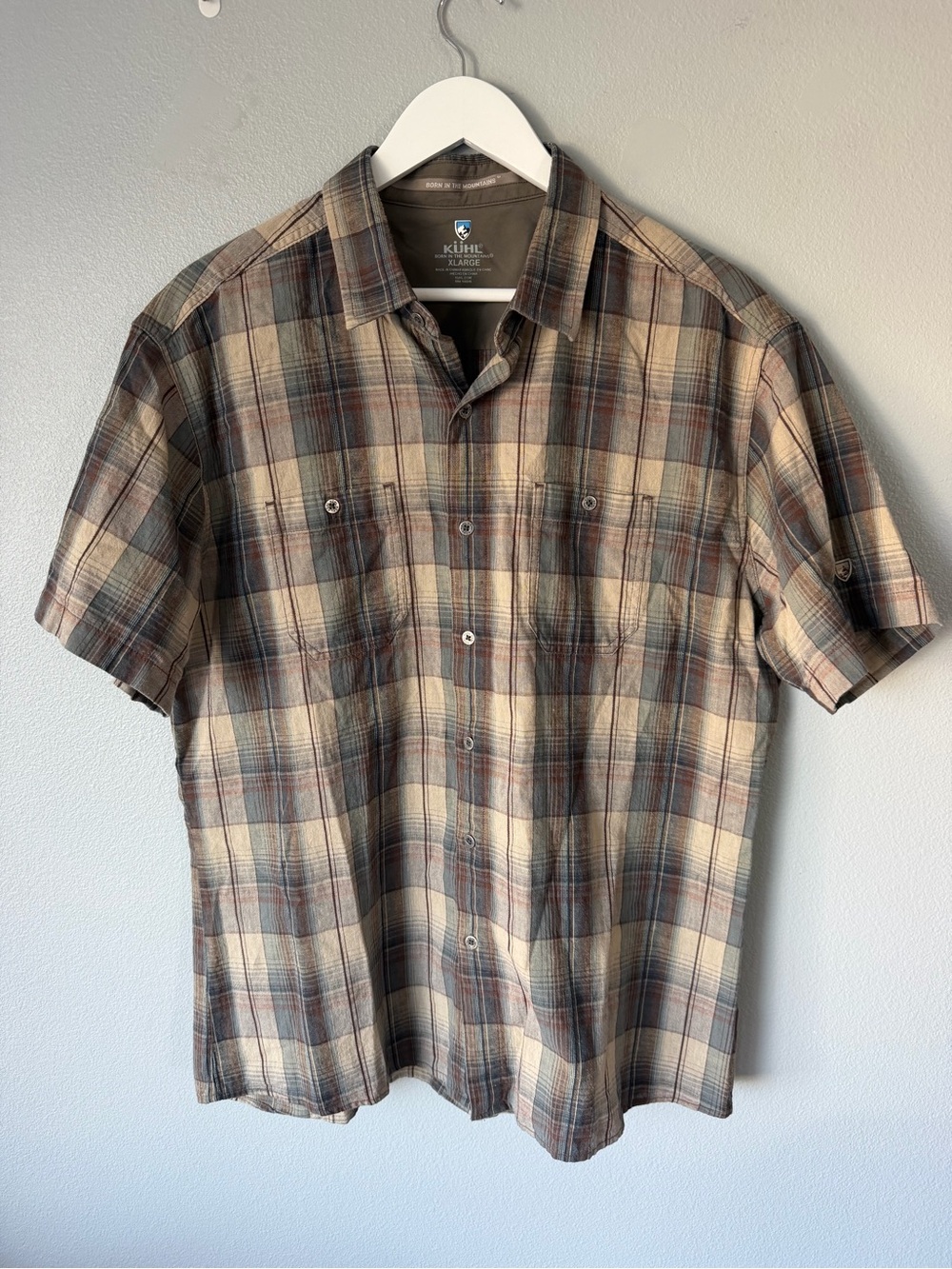 Kuhl grey brown plaid linen cotton blend short sleeve button down shirt Men’s XL